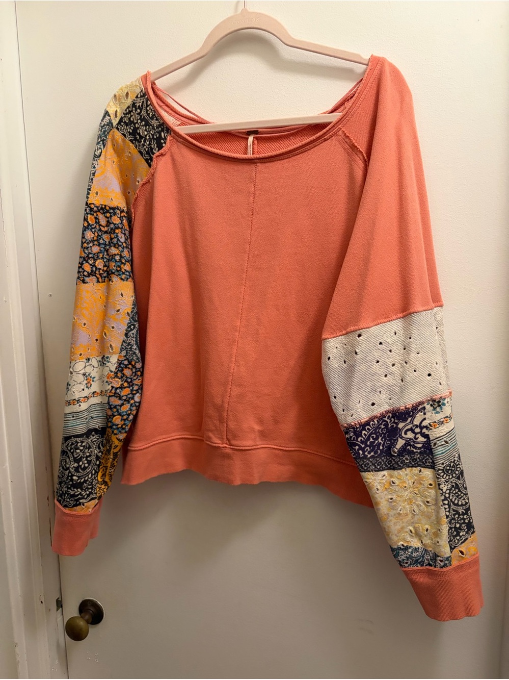 Free People Women's Coral Patchwork Sleeve Pullover Sweatshirt